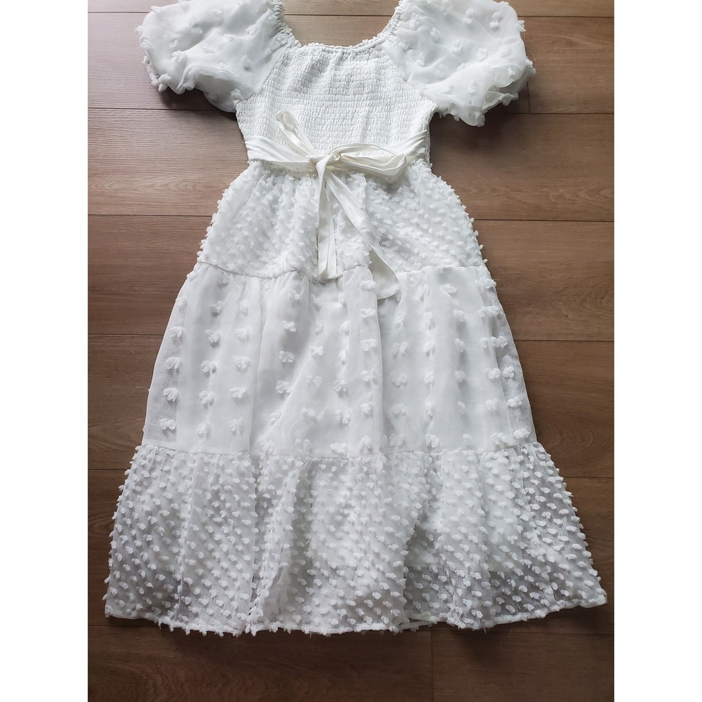 Polagram White Dot Smocked w/ Puff Sleeve Midi Dress Womens Medium NWT - Picture 12 of 16
